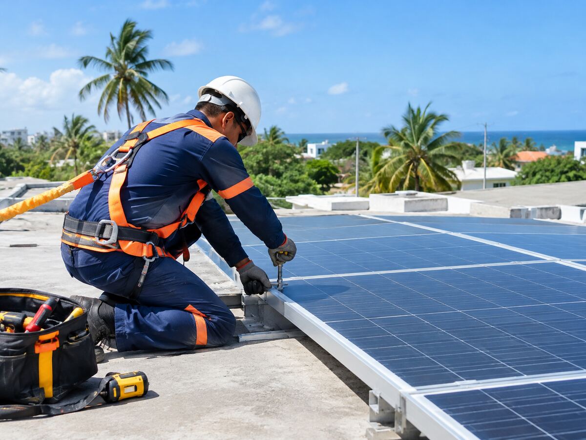 Técnico instalando paneles solares con equipo de seguridad