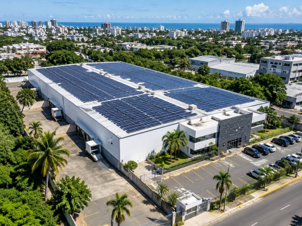 Nave comercial con paneles solares en el techo