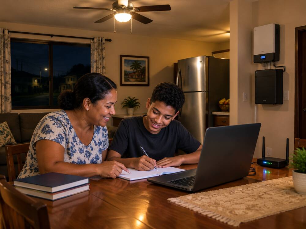 Familia con luz, abanico, nevera e internet durante un apagón